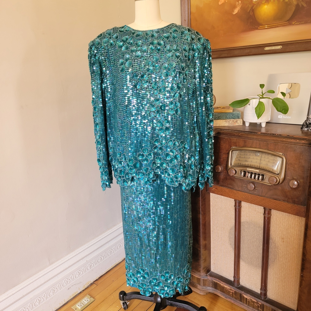 Laurence Kazar Teal Sequined Long Sleeve Dress and Overlay